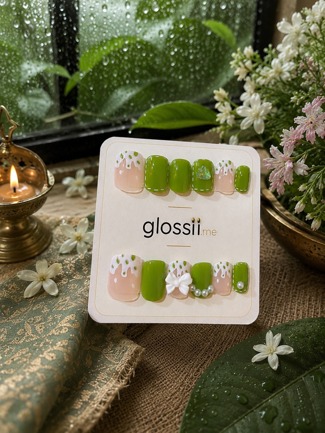 Matcha Daisy — Glossii press-on nails